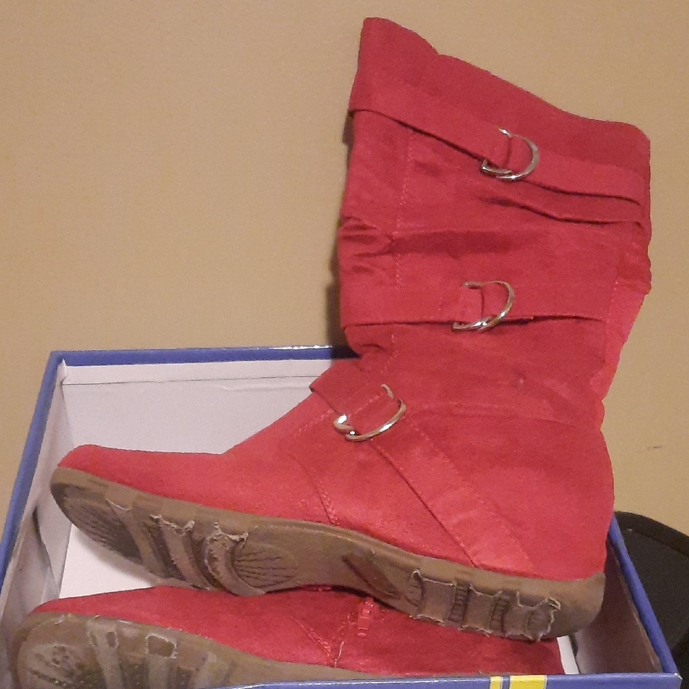 Kali Red Mid-Calf Buckle Heeled Boots